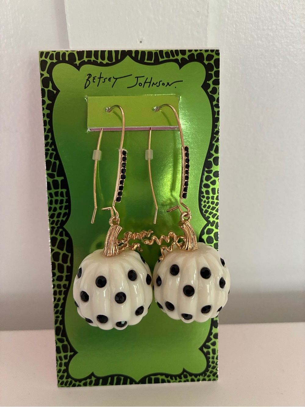 Betsey Johnson Cream and Black Polka Dot Extra Large Pumpkin Drop Earrings